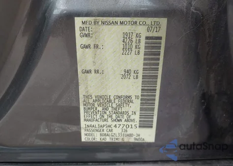 2017 Nissan Altima 2.5 S z USA, uszkodzony, nr VIN 1N4AL3AP5HC477015